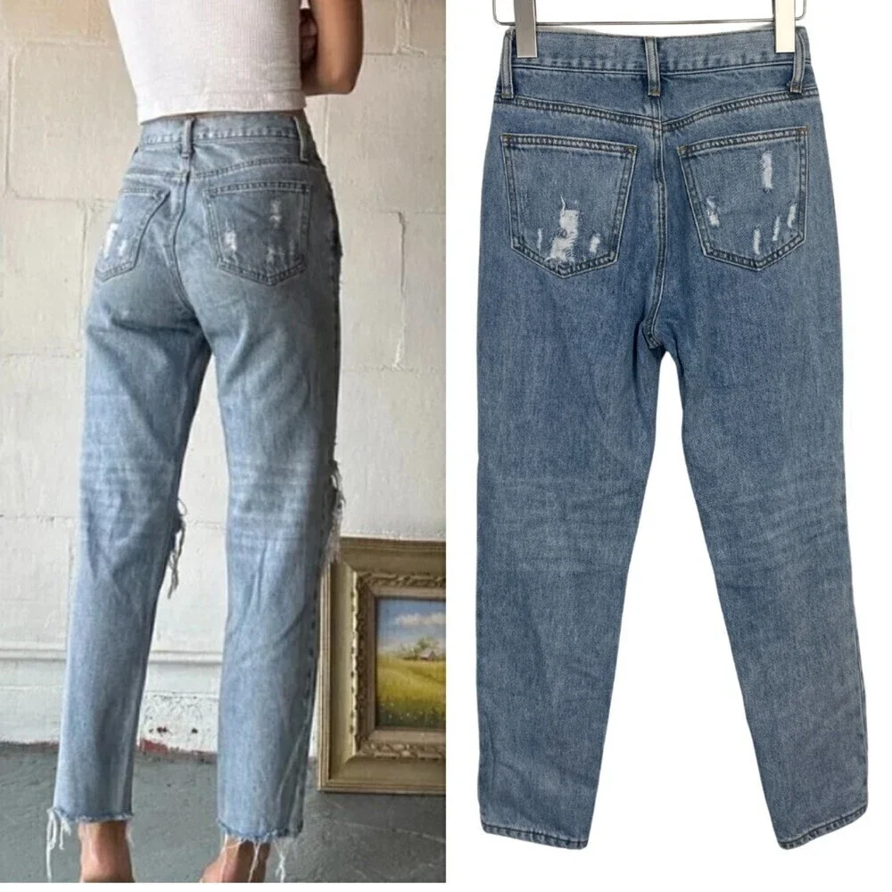 Endless Rose Women's Size 25 Distressed High Rise Denim Cotton Festival Mom Jean